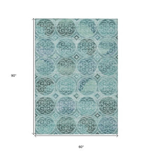 Homeroots 3' Beige Taupe And Blue Trellis Washable Indoor Outdoor Area Rug For Stylish Spaces And Durability 5' X 8' Polyester 584045