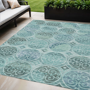 Homeroots 3' Beige Taupe And Blue Trellis Washable Indoor Outdoor Area Rug For Stylish Spaces And Durability 5' X 8' Polyester 584045