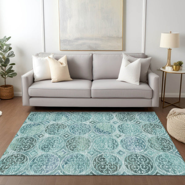 Homeroots 3' Beige Taupe And Blue Trellis Washable Indoor Outdoor Area Rug For Stylish Spaces And Durability 5' X 8' Polyester 584045