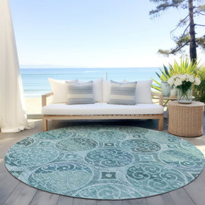 Homeroots 3' Beige Taupe And Blue Trellis Washable Indoor Outdoor Area Rug For Stylish Spaces And Durability 8' Round Polyester 584046