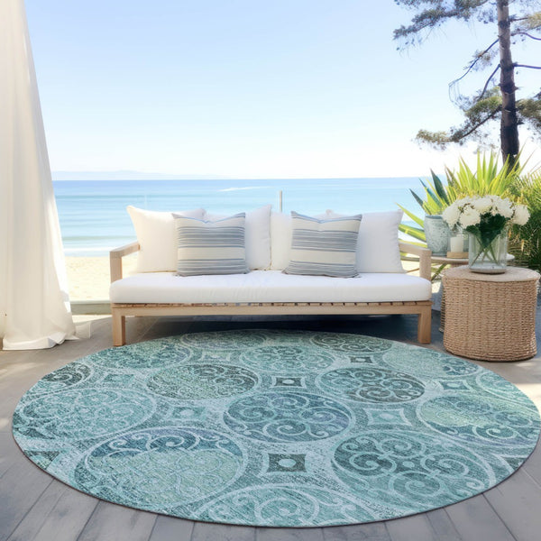 Homeroots 3' Beige Taupe And Blue Trellis Washable Indoor Outdoor Area Rug For Stylish Spaces And Durability 8' Round Polyester 584046