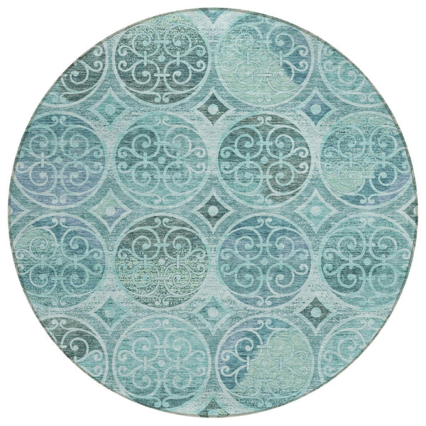 HomeRoots 5' Vibrant Teal Blue Aqua Trellis Area Rug - Durable, Washable Indoor/Outdoor Design for High Traffic 8' Round 584046