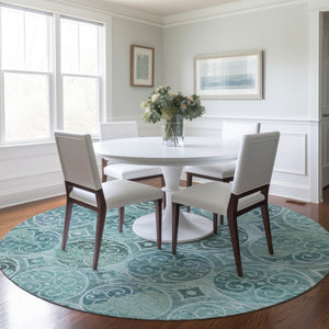 Homeroots 3' Beige Taupe And Blue Trellis Washable Indoor Outdoor Area Rug For Stylish Spaces And Durability 8' Round Polyester 584046