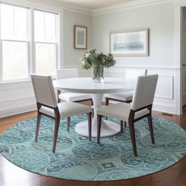 Homeroots 3' Beige Taupe And Blue Trellis Washable Indoor Outdoor Area Rug For Stylish Spaces And Durability 8' Round Polyester 584046