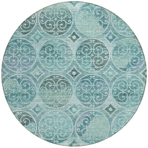 Homeroots 3' Beige Taupe And Blue Trellis Washable Indoor Outdoor Area Rug For Stylish Spaces And Durability 8' Round Polyester 584046