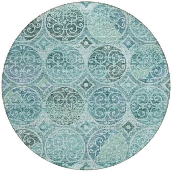 Homeroots 3' Beige Taupe And Blue Trellis Washable Indoor Outdoor Area Rug For Stylish Spaces And Durability 8' Round Polyester 584046