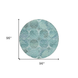 Homeroots 3' Beige Taupe And Blue Trellis Washable Indoor Outdoor Area Rug For Stylish Spaces And Durability 8' Round Polyester 584046
