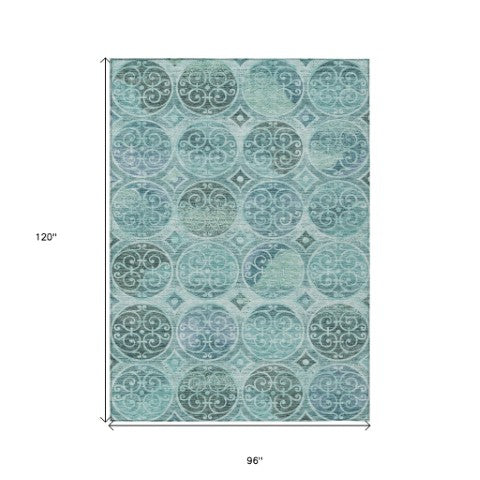 Homeroots 3' Beige Taupe And Blue Trellis Washable Indoor Outdoor Area Rug For Stylish Spaces And Durability 8' X 10' Polyester 584047