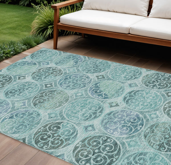 Homeroots 3' Beige Taupe And Blue Trellis Washable Indoor Outdoor Area Rug For Stylish Spaces And Durability 8' X 10' Polyester 584047