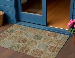Homeroots 3' Beige Taupe And Blue Trellis Washable Indoor Outdoor Area Rug For Stylish Spaces And Durability 3' X 5' Polyester 584050