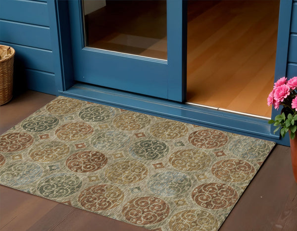 Homeroots 3' Beige Taupe And Blue Trellis Washable Indoor Outdoor Area Rug For Stylish Spaces And Durability 3' X 5' Polyester 584050
