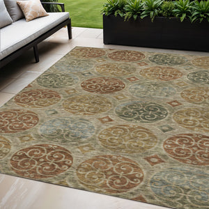Homeroots 3' Beige Taupe And Blue Trellis Washable Indoor Outdoor Area Rug For Stylish Spaces And Durability 5' X 8' Polyester 584051