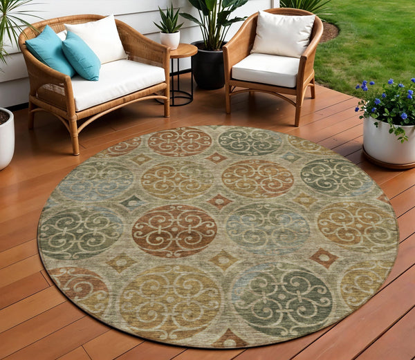 Homeroots 3' Beige Taupe And Blue Trellis Washable Indoor Outdoor Area Rug For Stylish Spaces And Durability 8' Round Polyester 584052