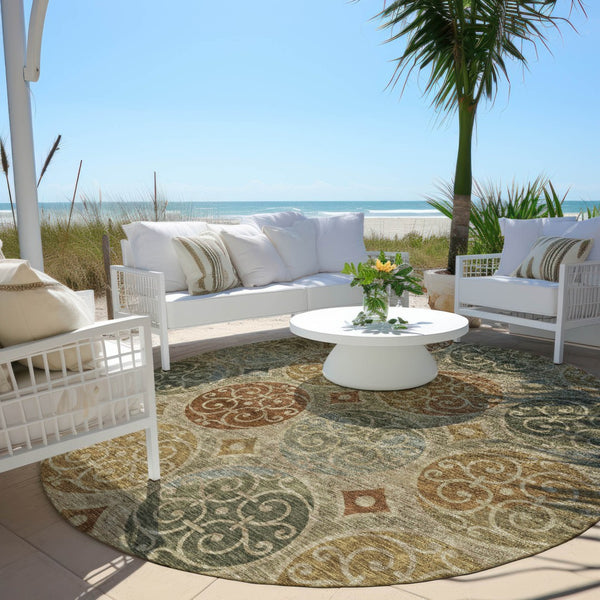 Homeroots 3' Beige Taupe And Blue Trellis Washable Indoor Outdoor Area Rug For Stylish Spaces And Durability 8' Round Polyester 584052
