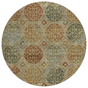 HomeRoots 5' Washable Taupe Green and Gold Trellis Indoor Outdoor Area Rug - Durable, Stylish, Easy Care! 8' Round 584052