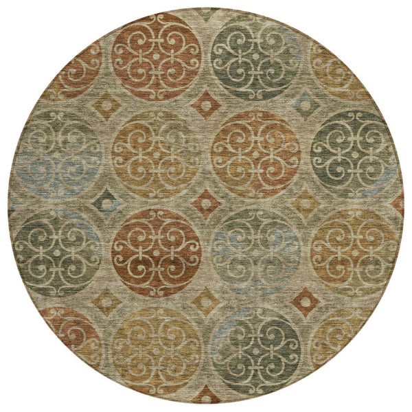 HomeRoots 5' Washable Taupe Green and Gold Trellis Indoor Outdoor Area Rug - Durable, Stylish, Easy Care! 8' Round 584052