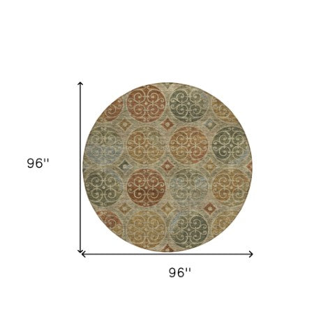 Homeroots 3' Beige Taupe And Blue Trellis Washable Indoor Outdoor Area Rug For Stylish Spaces And Durability 8' Round Polyester 584052