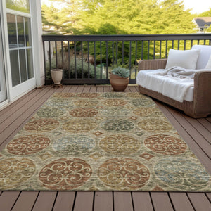 Homeroots 3' Beige Taupe And Blue Trellis Washable Indoor Outdoor Area Rug For Stylish Spaces And Durability 8' X 10' Polyester 584053