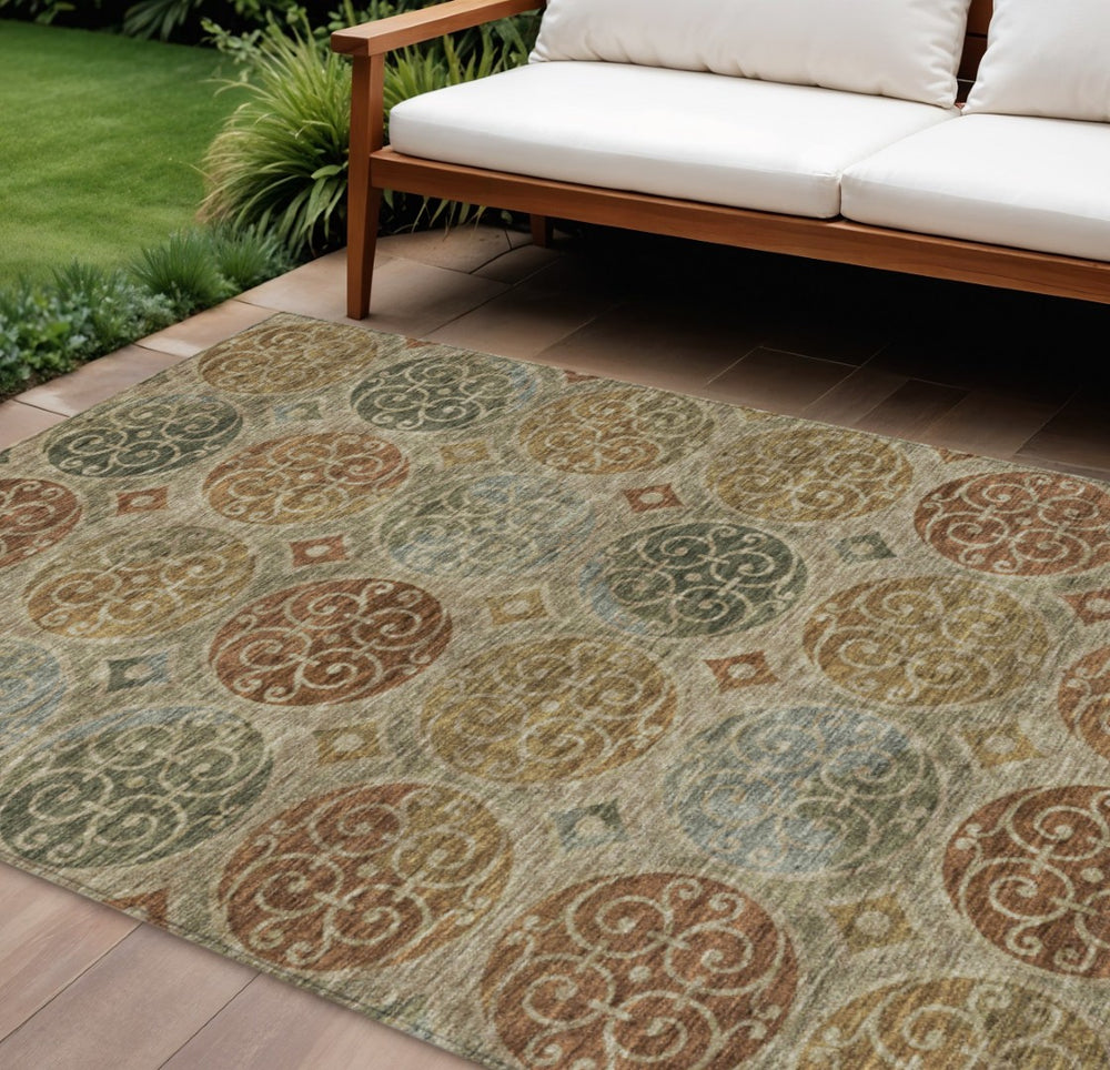 HomeRoots 9' Stylish Taupe Green and Gold Trellis Washable Area Rug for Indoor and Outdoor High-Traffic Use 9' X 12' 584054