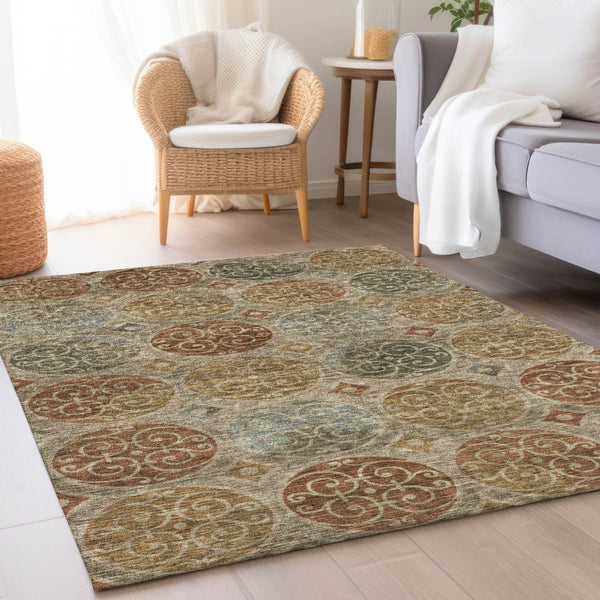 Homeroots 3' Beige Taupe And Blue Trellis Washable Indoor Outdoor Area Rug For Stylish Spaces And Durability 10' X 14' Polyester 584055