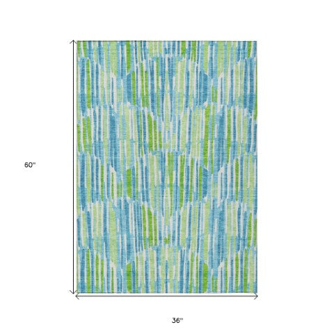 Homeroots 3' Aqua Teal Blue And Lime Green Abstract Washable Area Rug For Indoor And Outdoor Spaces 3' X 5' Polyester 584056