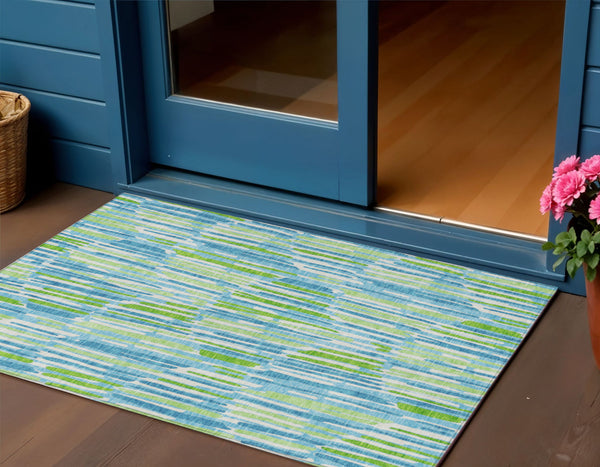 Homeroots 3' Aqua Teal Blue And Lime Green Abstract Washable Area Rug For Indoor And Outdoor Spaces 3' X 5' Polyester 584056
