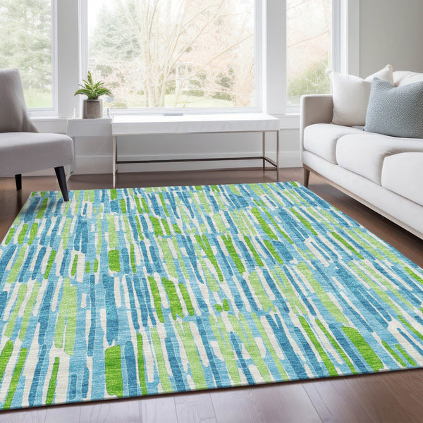 Homeroots 3' Aqua Teal Blue And Lime Green Abstract Washable Area Rug For Indoor And Outdoor Spaces 3' X 5' Polyester 584056