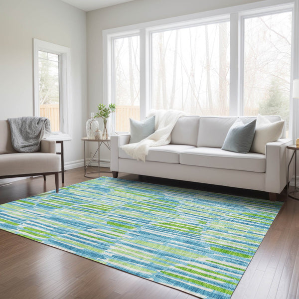 Homeroots 3' Aqua Teal Blue And Lime Green Abstract Washable Area Rug For Indoor And Outdoor Spaces 5' X 8' Polyester 584057