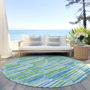 Homeroots 3' Aqua Teal Blue And Lime Green Abstract Washable Area Rug For Indoor And Outdoor Spaces 8' Round Polyester 584058