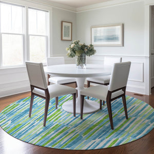 Homeroots 3' Aqua Teal Blue And Lime Green Abstract Washable Area Rug For Indoor And Outdoor Spaces 8' Round Polyester 584058