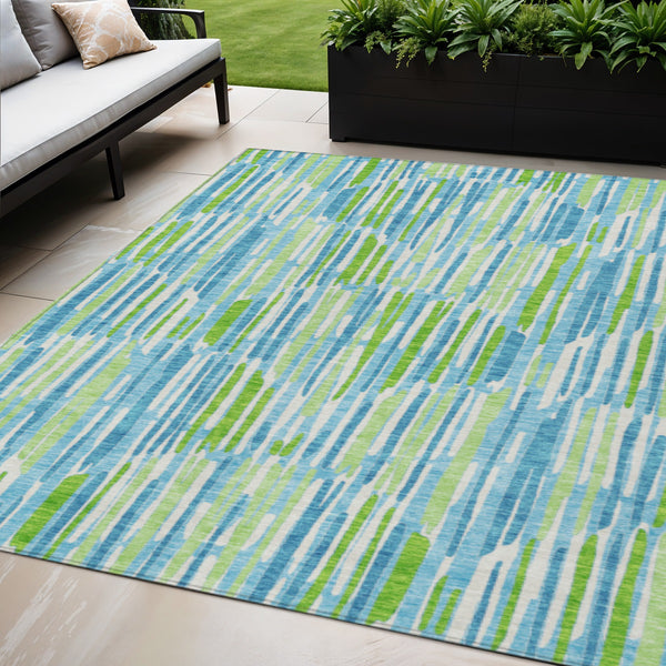 Homeroots 3' Aqua Teal Blue And Lime Green Abstract Washable Area Rug For Indoor And Outdoor Spaces 8' X 10' Polyester 584059