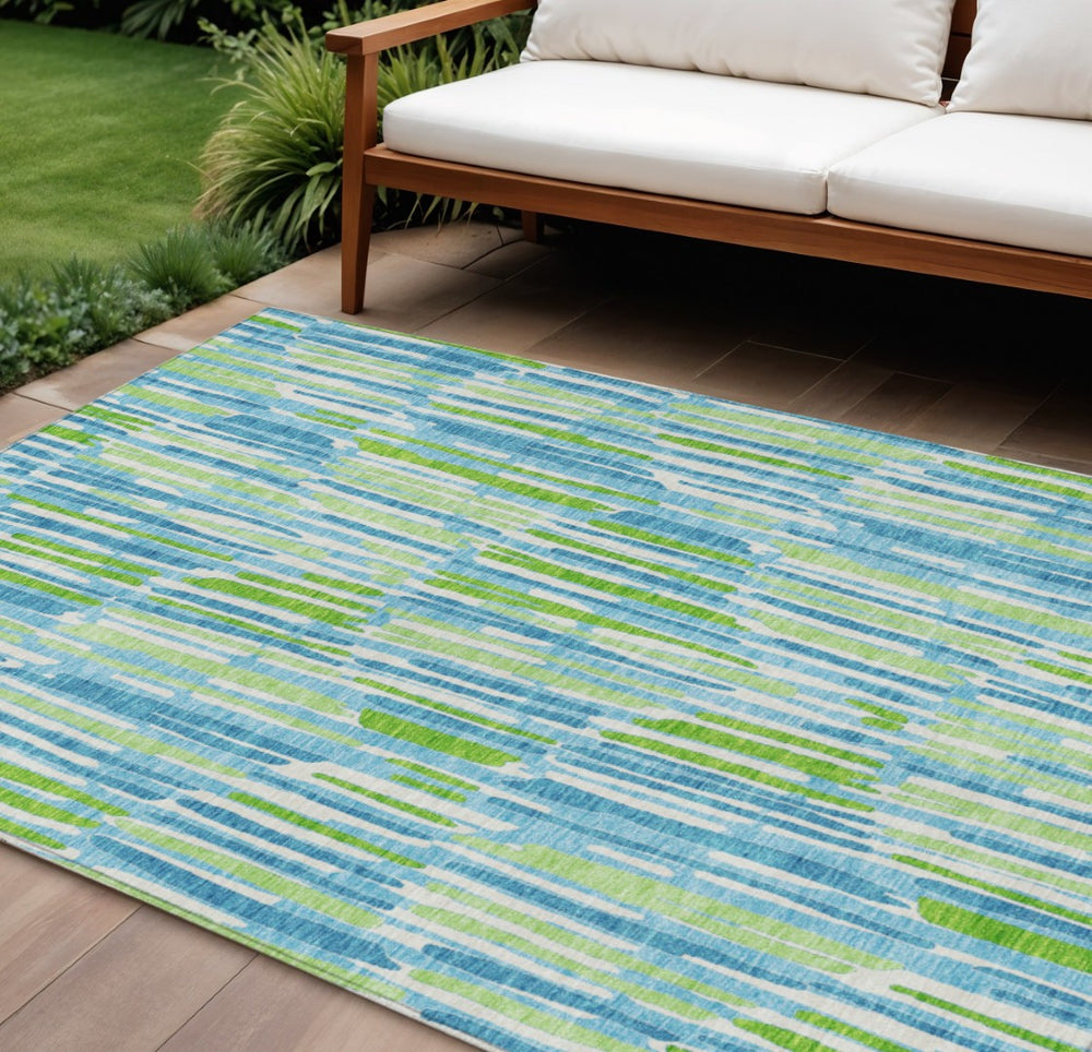HomeRoots 9' Vibrant Aqua Teal Blue & Lime Green Abstract Washable Area Rug for Indoor & Outdoor Spaces 9' X 12' 584060