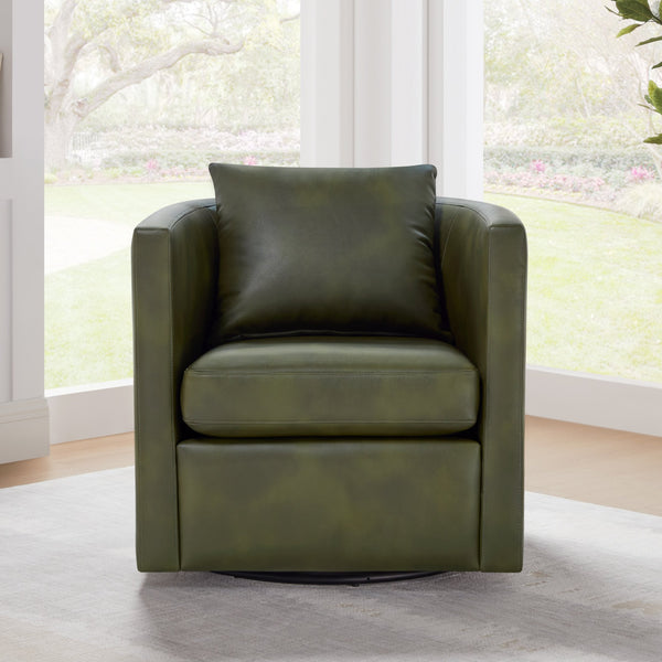 English Elm Sutton Fern Green Faux Leather Swivel Barrel Chair with Stain‑Resistant Fabric, Pocket Coil Seat, 360° Swivel Comfort B050P322589