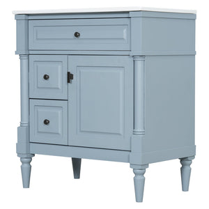 English Elm 30" Freestanding Bathroom Vanity Rubberwood Frame Ceramic Sink Flip Drawer Storage Blue+Grey N725P356062E
