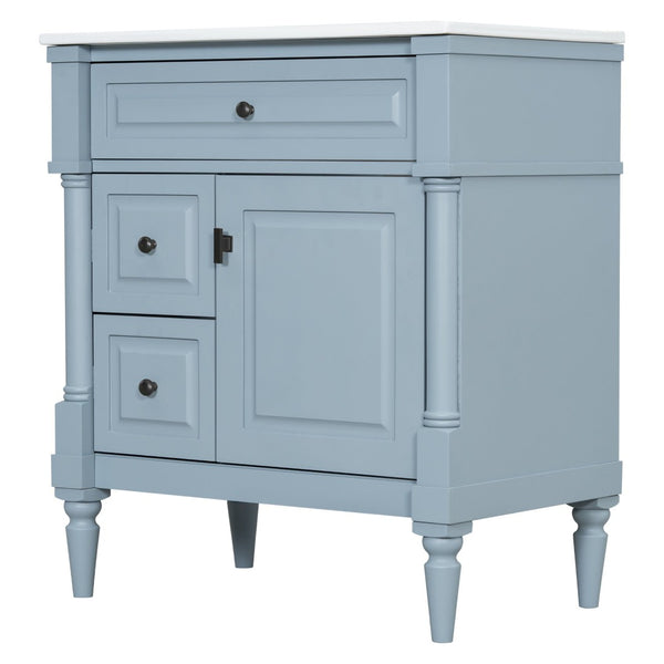 English Elm 30" Freestanding Bathroom Vanity Rubberwood Frame Ceramic Sink Flip Drawer Storage Blue+Grey N725P356062E