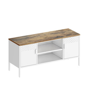 English Elm Landen 47" Metal Storage Cabinet with Wood Top and Cable Management — Sleek Industrial TV Console, Adjustable Legs White B365P397849