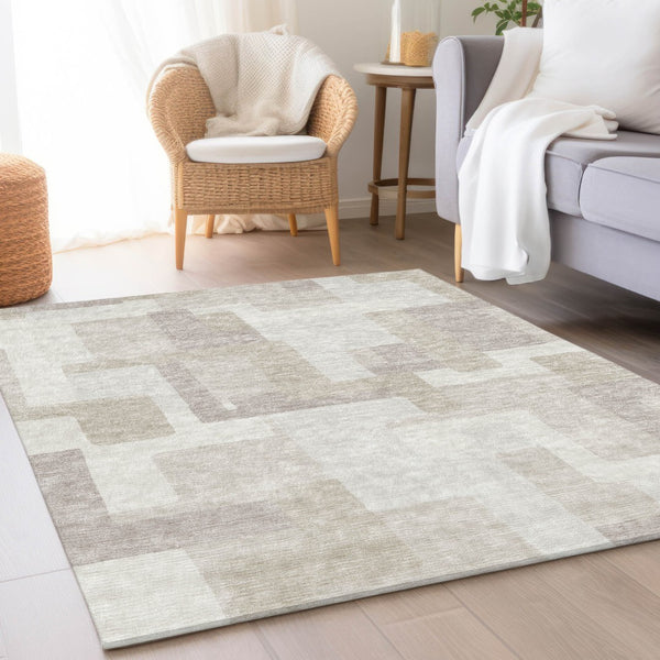 Homeroots 3' Beige Tan And Taupe Abstract Washable Area Rug For Indoor Or Outdoor Use - Durable Design 3' X 5' Polyester 584110
