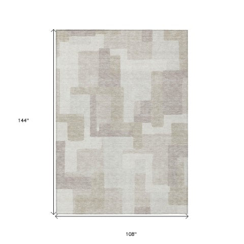 Homeroots 3' Beige Tan And Taupe Abstract Washable Area Rug For Indoor Or Outdoor Use - Durable Design 9' X 12' Polyester 584114