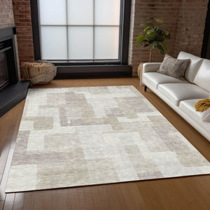 Homeroots 3' Beige Tan And Taupe Abstract Washable Area Rug For Indoor Or Outdoor Use - Durable Design 10' X 14' Polyester 584115