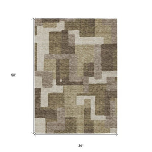 Homeroots 3' Beige Tan And Taupe Abstract Washable Area Rug For Indoor Or Outdoor Use - Durable Design 3' X 5' Polyester 584122