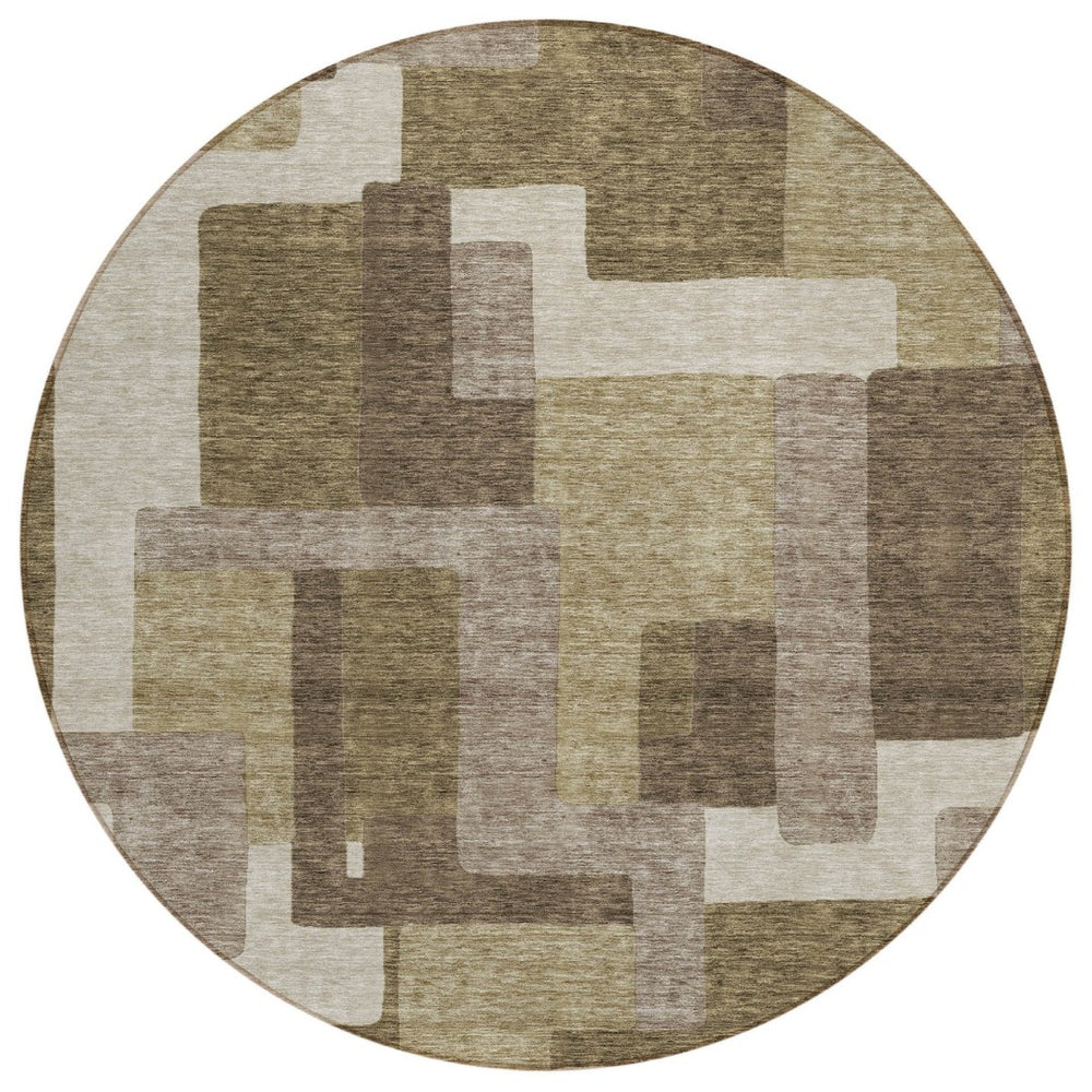 HomeRoots 5' Abstract Brown and Beige Indoor Outdoor Area Rug – Stylish, Washable, Stain-Resistant Design 8' Round 584124