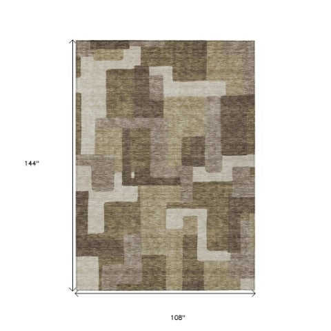 Homeroots 3' Beige Tan And Taupe Abstract Washable Area Rug For Indoor Or Outdoor Use - Durable Design 9' X 12' Polyester 584126