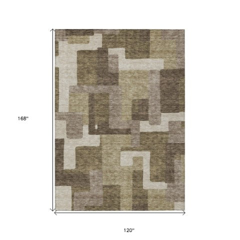 Homeroots 3' Beige Tan And Taupe Abstract Washable Area Rug For Indoor Or Outdoor Use - Durable Design 10' X 14' Polyester 584127