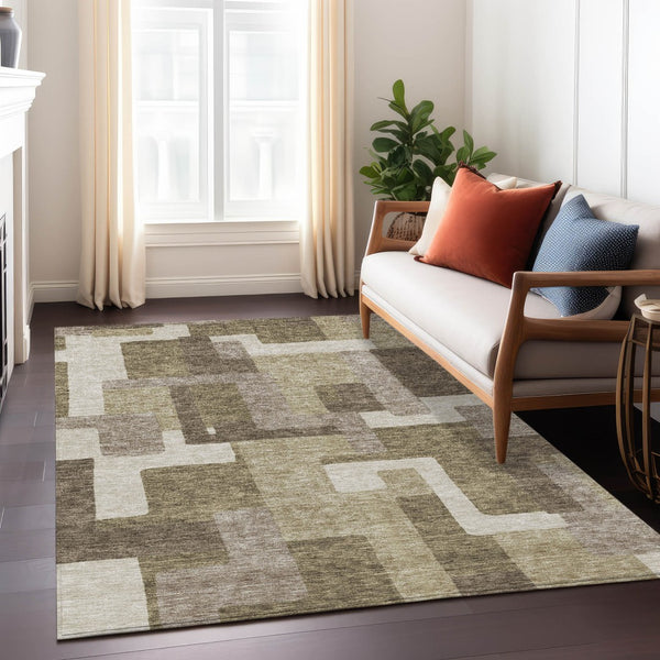 Homeroots 3' Beige Tan And Taupe Abstract Washable Area Rug For Indoor Or Outdoor Use - Durable Design 10' X 14' Polyester 584127