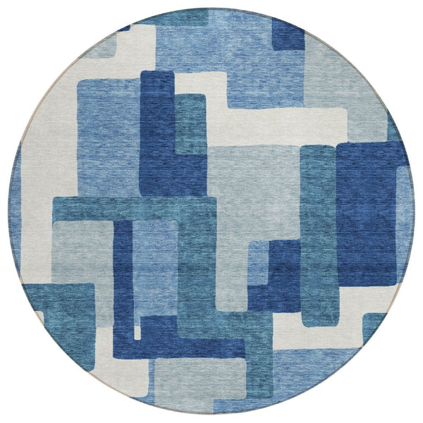 HomeRoots 5' Navy Blue and Sky Blue Abstract Area Rug - Stylish, Durable Design for Indoor and Outdoor Spaces 8' Round 584130