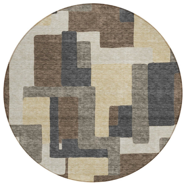 HomeRoots 5' Stylish Brown and Taupe Abstract Washable Area Rug for Indoor and Outdoor High-Traffic Spaces 8' Round 584136