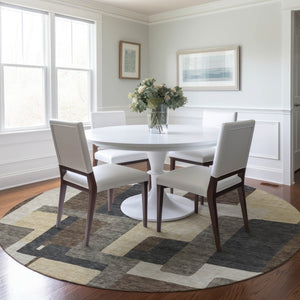 Homeroots 3' Beige Tan And Taupe Abstract Washable Area Rug For Indoor Or Outdoor Use - Durable Design 8' Round Polyester 584136