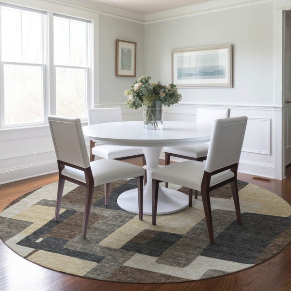 Homeroots 3' Beige Tan And Taupe Abstract Washable Area Rug For Indoor Or Outdoor Use - Durable Design 8' Round Polyester 584136