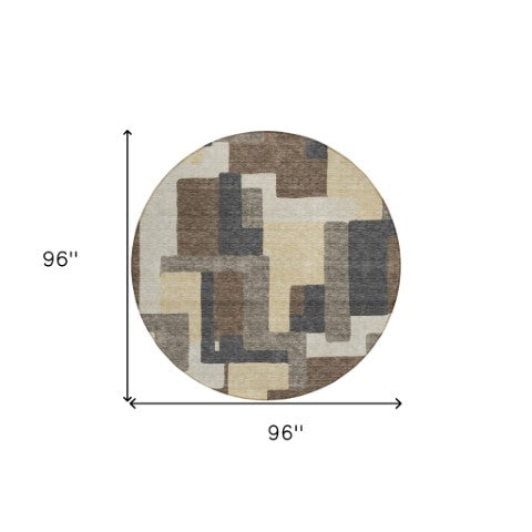 Homeroots 3' Beige Tan And Taupe Abstract Washable Area Rug For Indoor Or Outdoor Use - Durable Design 8' Round Polyester 584136