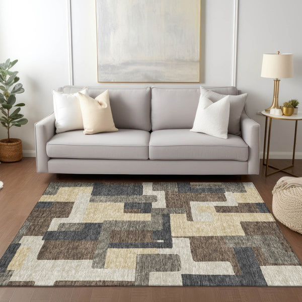 Homeroots 3' Beige Tan And Taupe Abstract Washable Area Rug For Indoor Or Outdoor Use - Durable Design 8' X 10' Polyester 584137